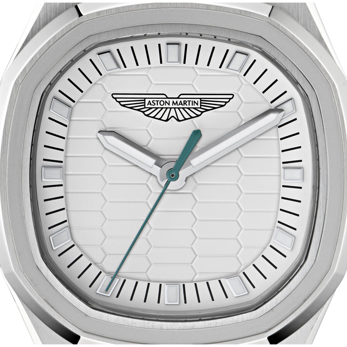 Aston Martin Quartz MTIG1F502 silver patterned dial and teal hands close up