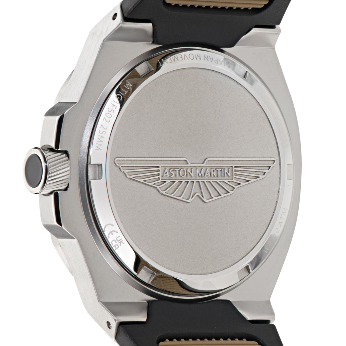 Aston Martin Quartz MTIG1F502 engraved stainless steel caseback close up
