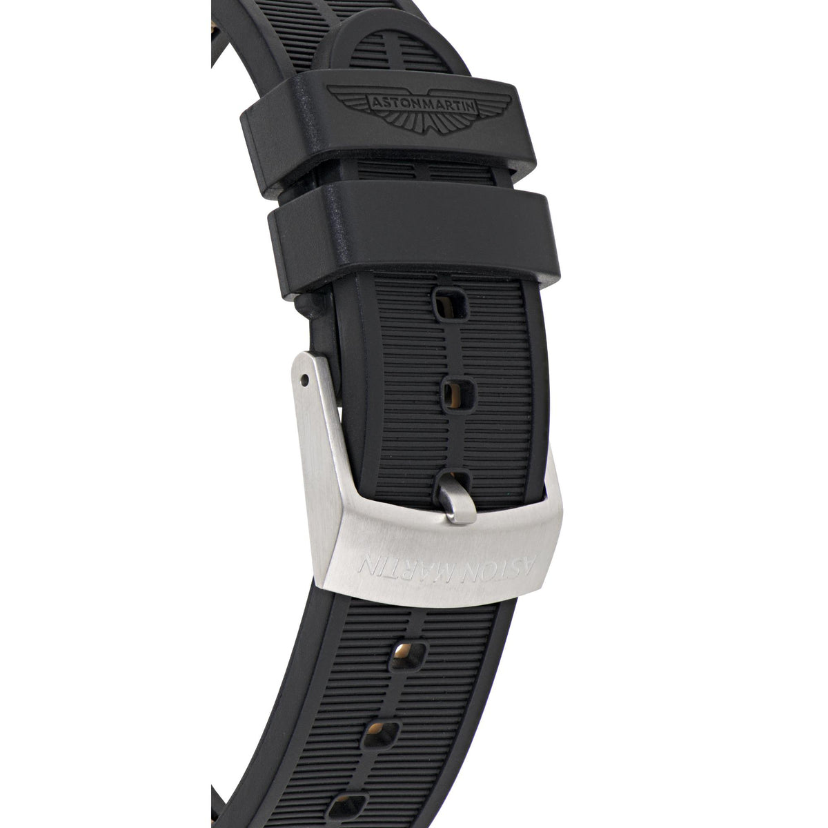 Aston Martin Quartz MTIG1F502 black silicone strap and silver buckle detail