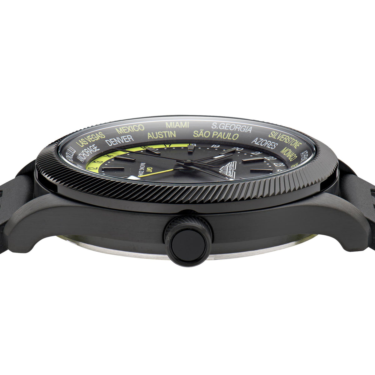 Men's quartz watch side view with black case, crown, and ridged bezel with visible dial