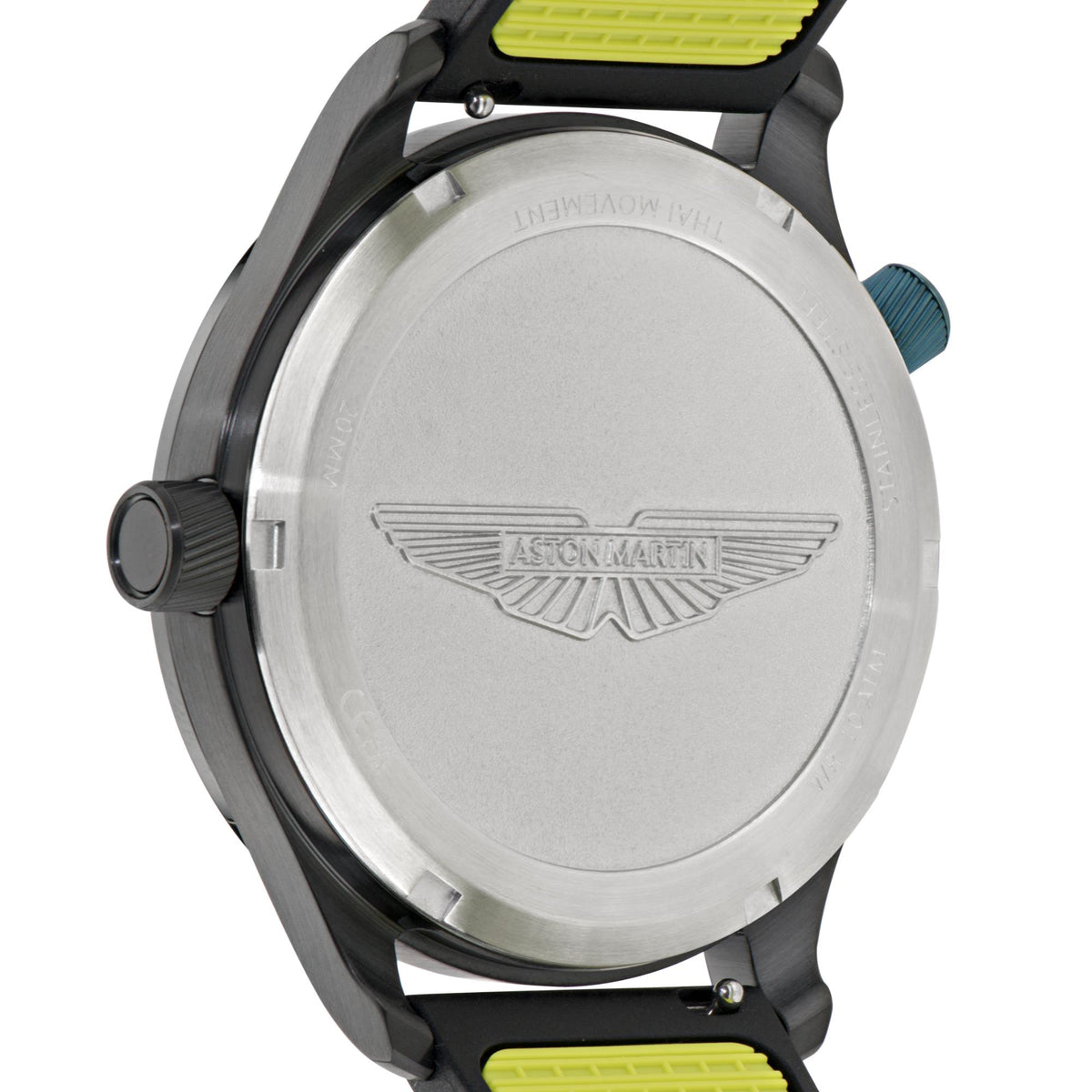 Men's quartz watch back case with Aston Martin wing logo and black strap lugs