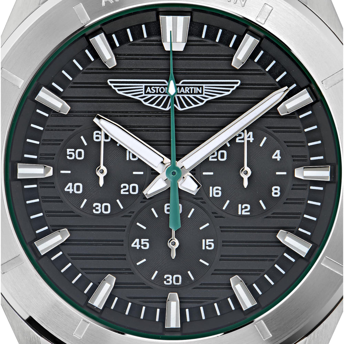 Men’s quartz watch dial view with black dial, green accents, and silver hands