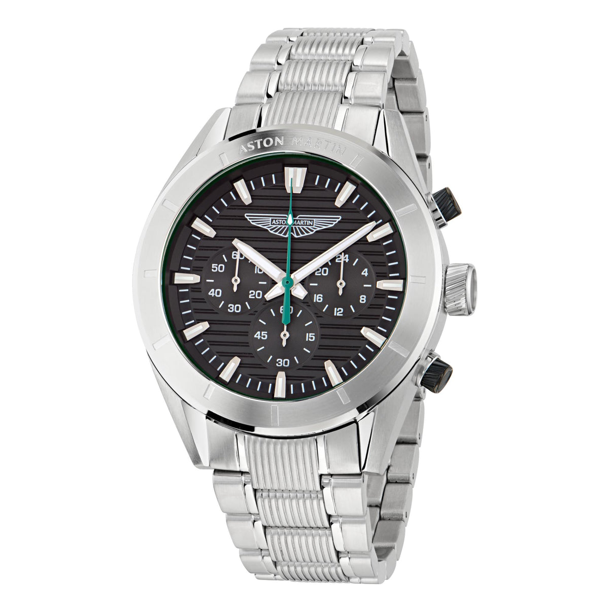 Men’s quartz wristwatch with black dial and silver link bracelet, green dial accents