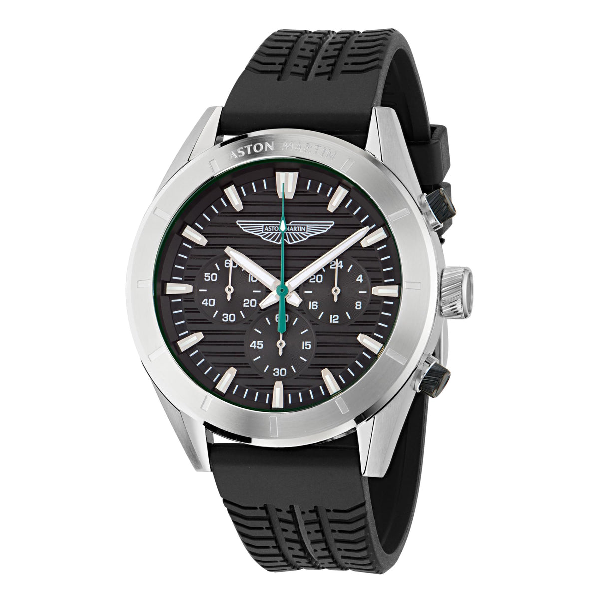 Men’s quartz watch with black dial, silver case, and black silicone strap
