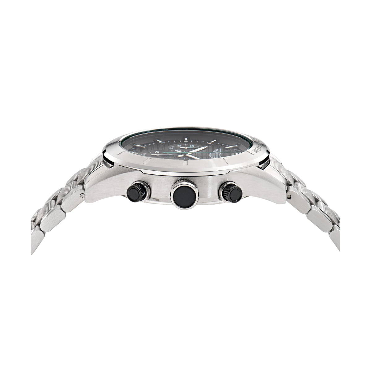 Men’s quartz watch top view with round crystal and three black pushers
