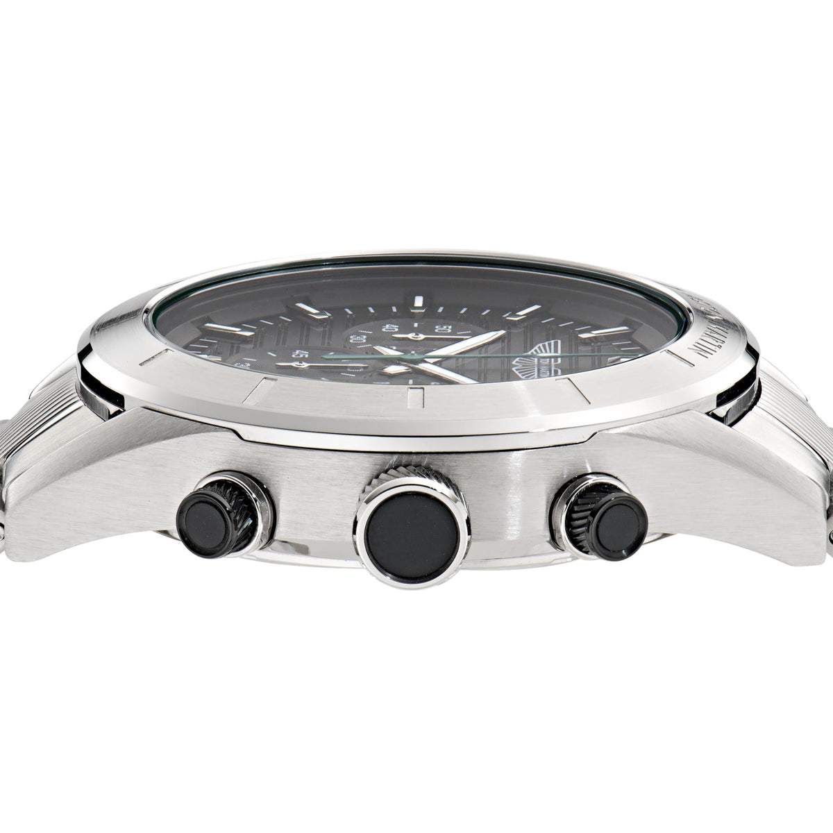 Men’s quartz watch crown side view with round bezel and black pushers