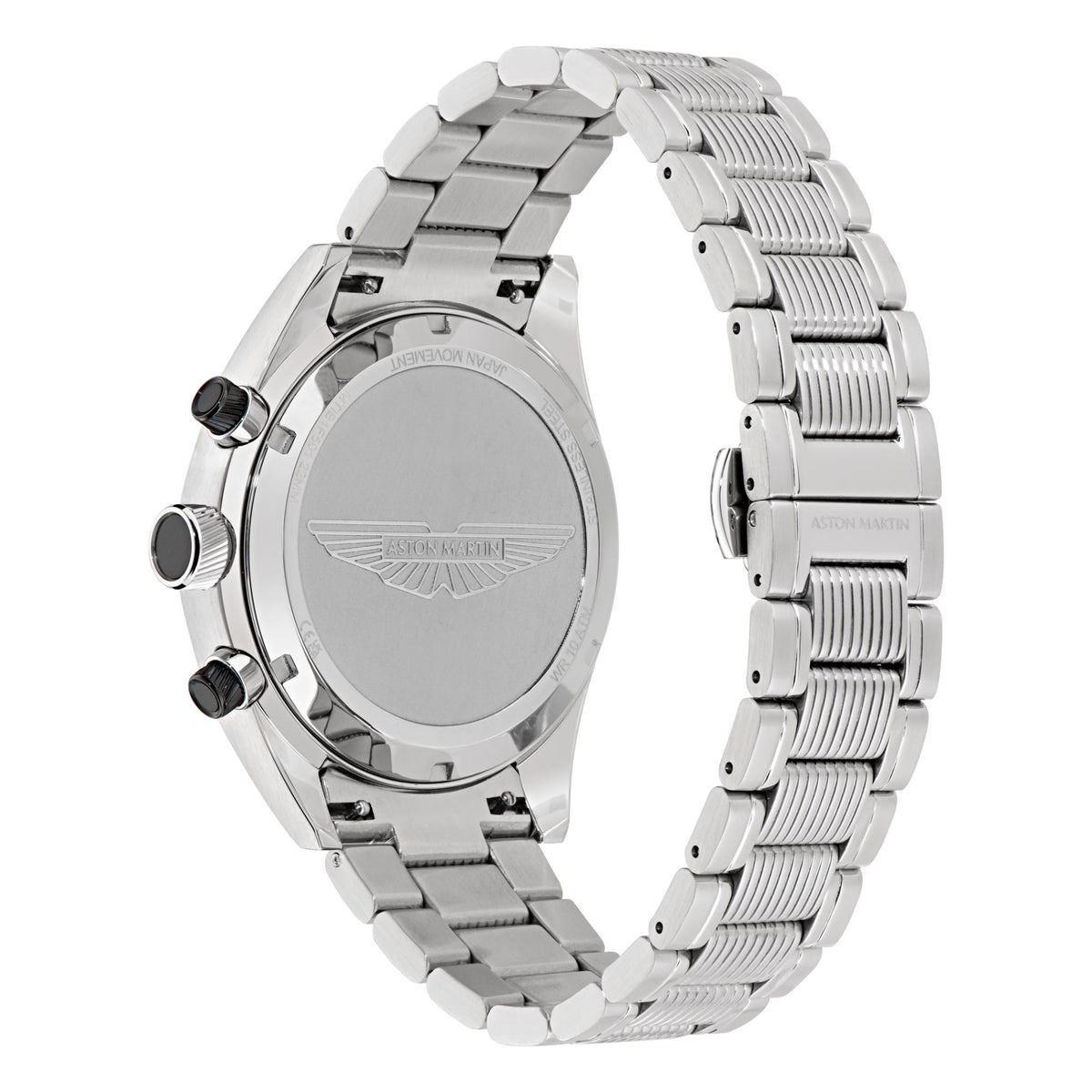 Men’s quartz watch caseback with brand logo on silver metal bracelet