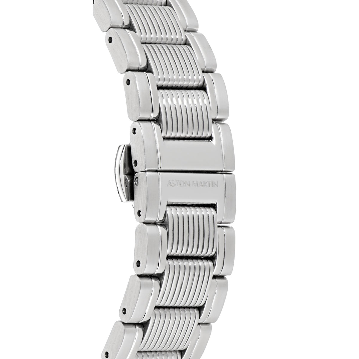 Men’s quartz watch side view showing ridged silver metal bracelet links