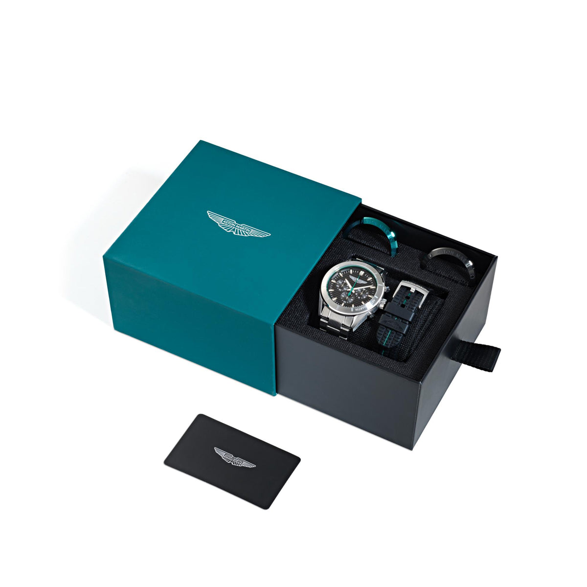 Men's quartz watch, black dial and black silicone strap, opened teal gift box