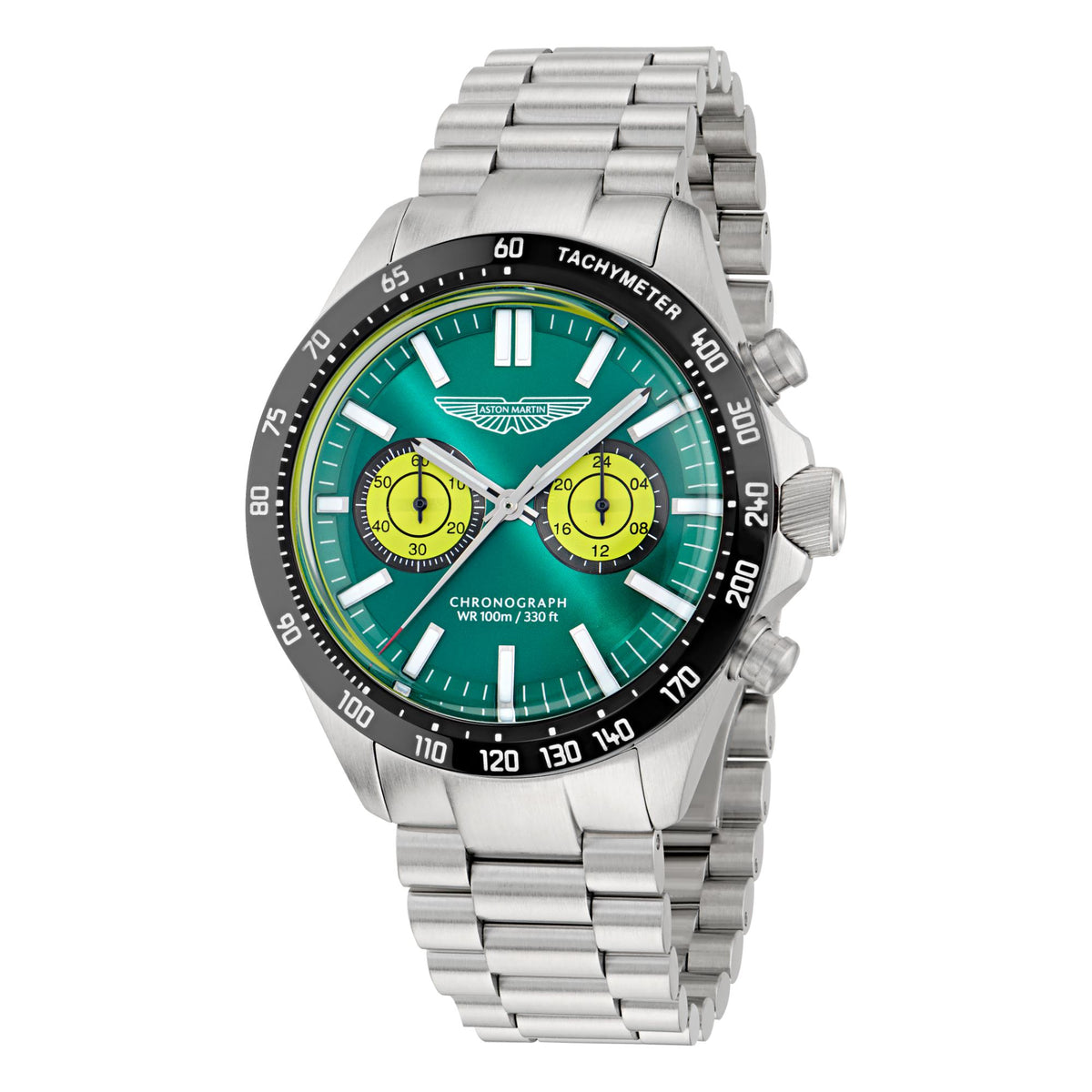 Aston Martin MTIS1F502 green dial chronograph men's watch with silver stainless steel bracelet and tachymeter bezel