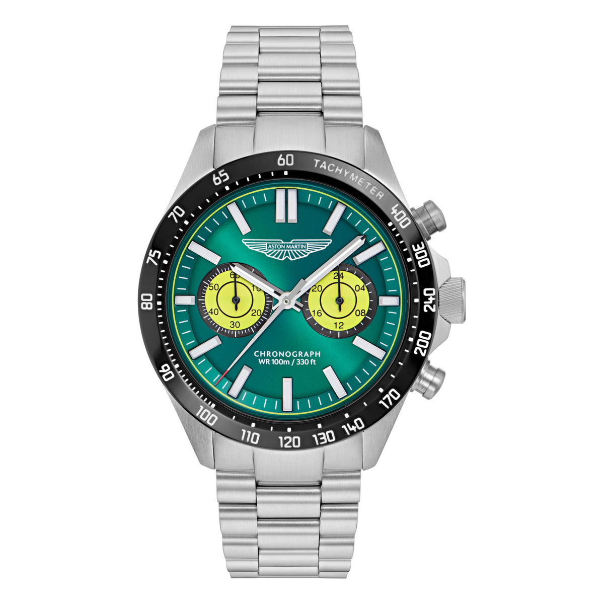 Aston Martin green dial mens chronograph watch showcasing stainless steel case and sporty bracelet design