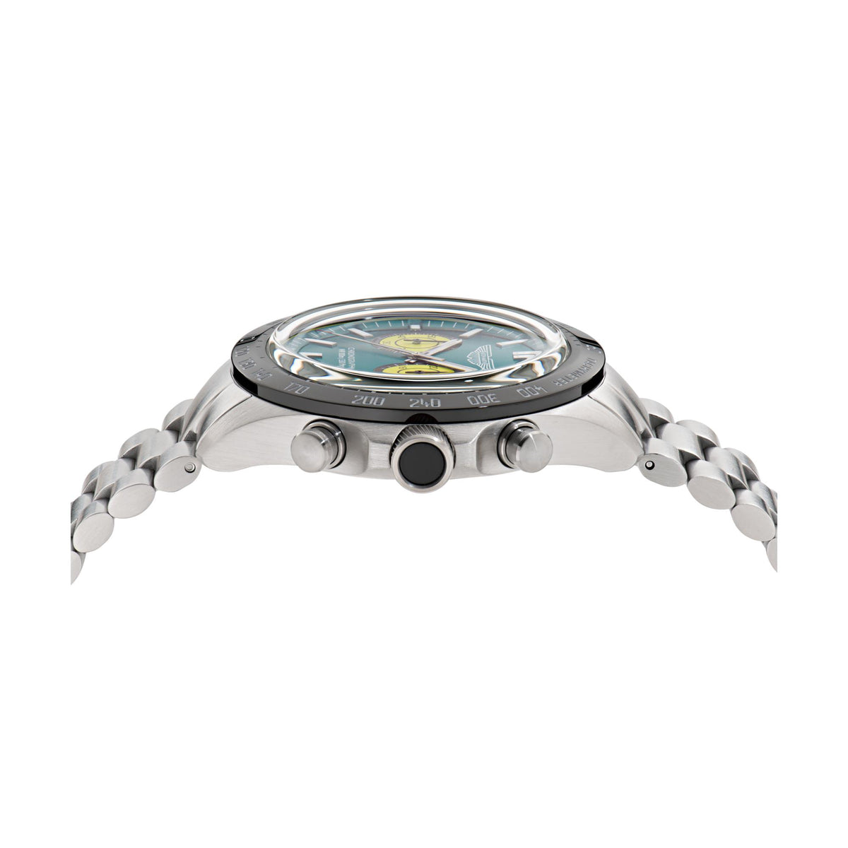 Side view of Aston Martin MTIS1F502 chronograph watch highlighting case thickness, crown and pushers