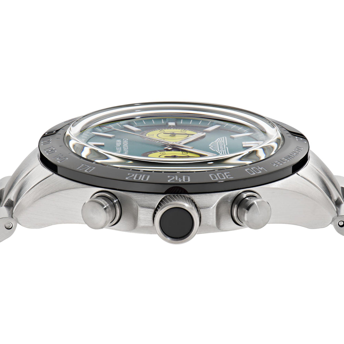 Side view of Aston Martin green dial chronograph watch highlighting crown, pushers and polished steel case