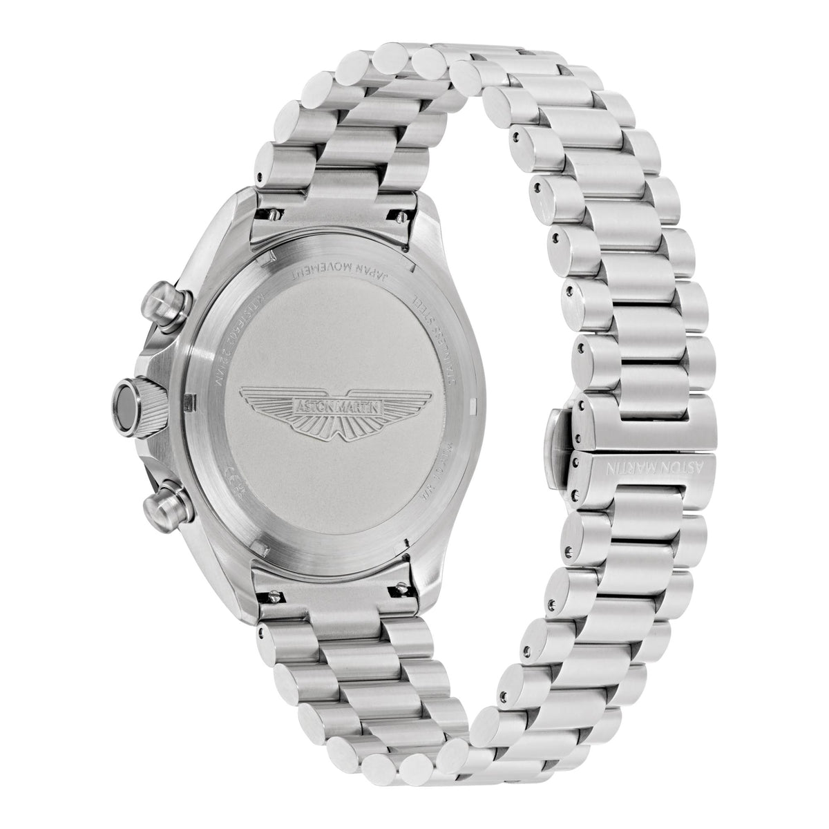 Aston Martin MTIS1F502 engraved stainless steel case back with winged logo on mens quartz chronograph watch