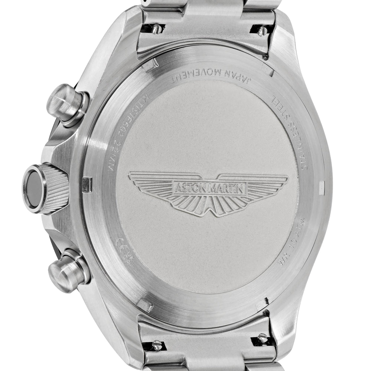 Aston Martin engraved case back on stainless steel chronograph watch with detailed branding