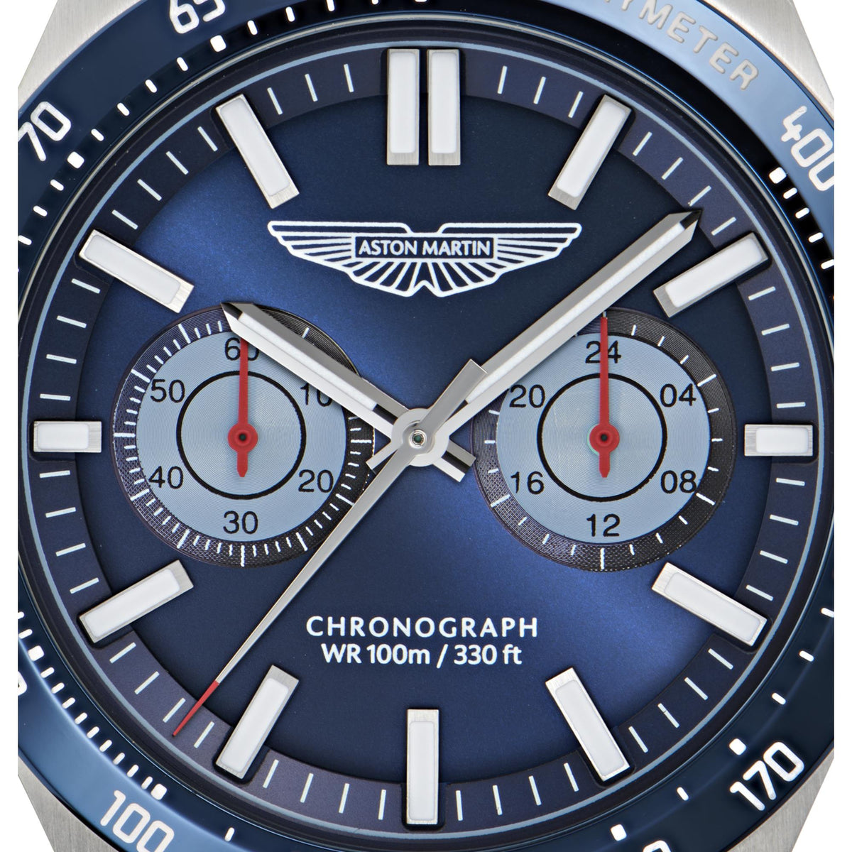 Aston Martin blue chronograph dial with wing logo, subdials, and silver hour markers