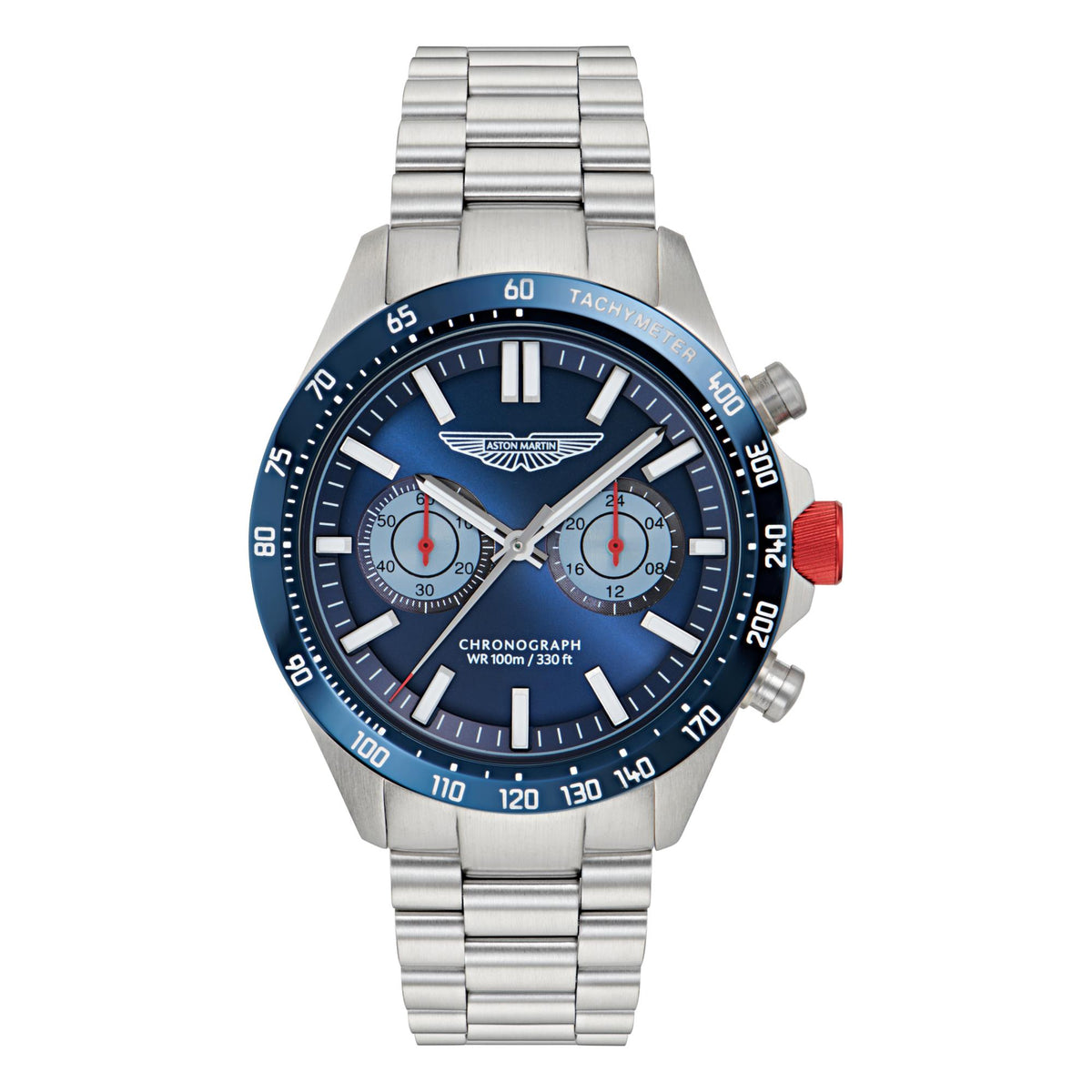 Aston Martin men's chronograph watch with blue dial, silver bezel, and metal bracelet