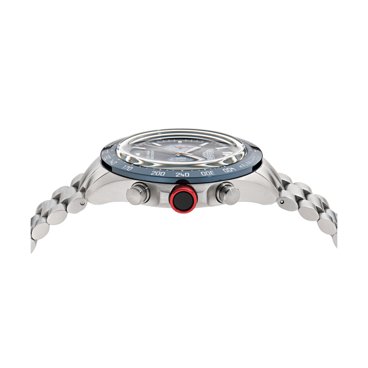 Aston Martin chronograph watch case with blue tachymeter bezel and red pushers