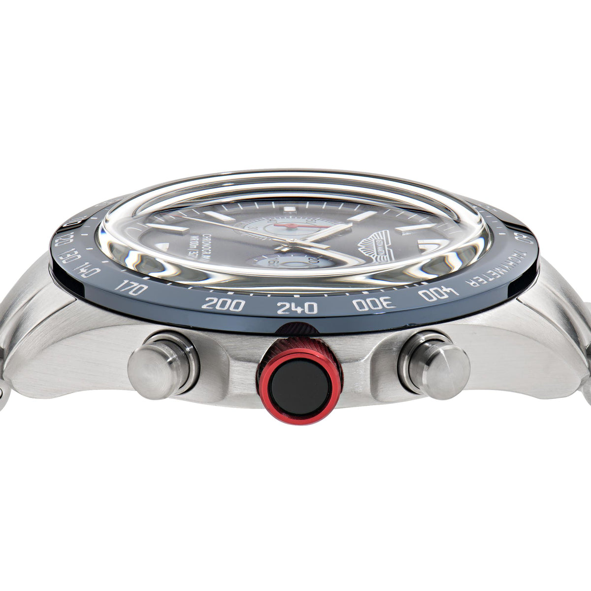 Aston Martin chronograph watch top view with tachymeter bezel and red pushers