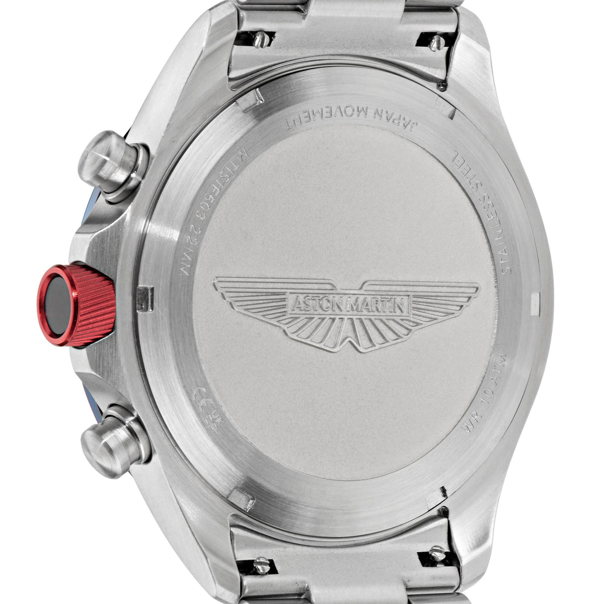Aston Martin watch back view with engraved wing logo and red button