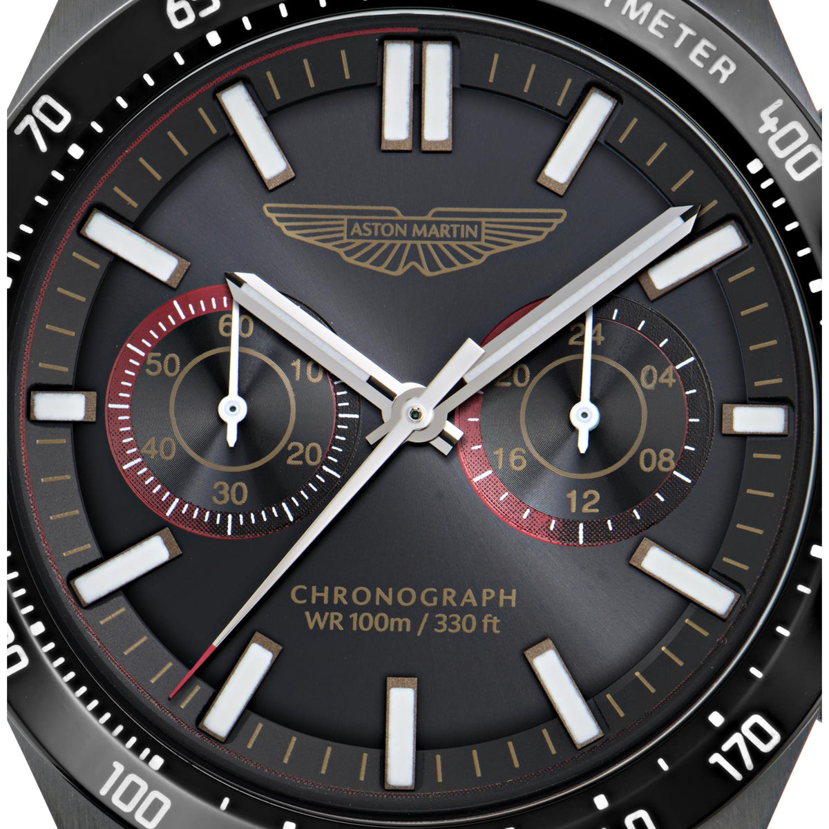 Aston Martin chronograph watch with black dial, silver hands, dual subdials, tachymeter