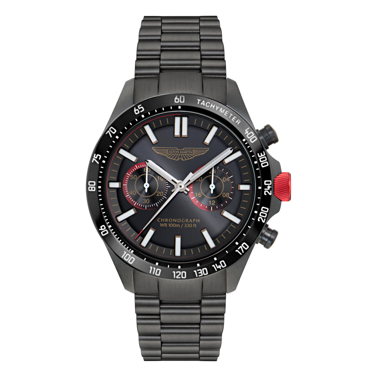 Men's Aston Martin chronograph watch with black dial, black metal bracelet, tachymeter bezel