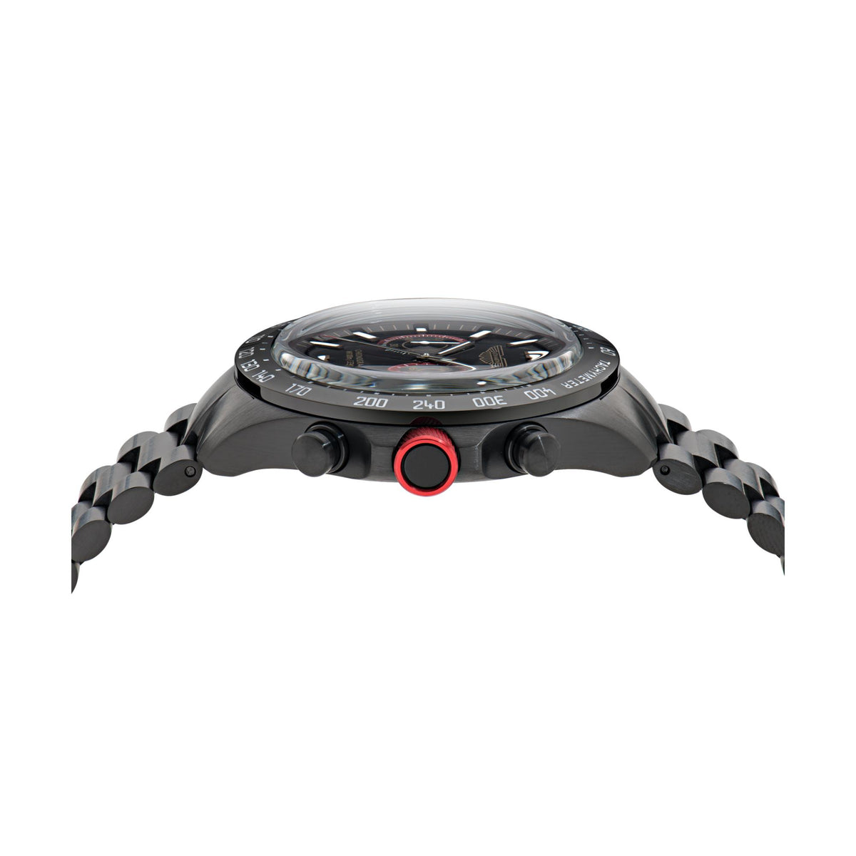 Aston Martin chronograph watch side profile with black case, red accents, and pushers