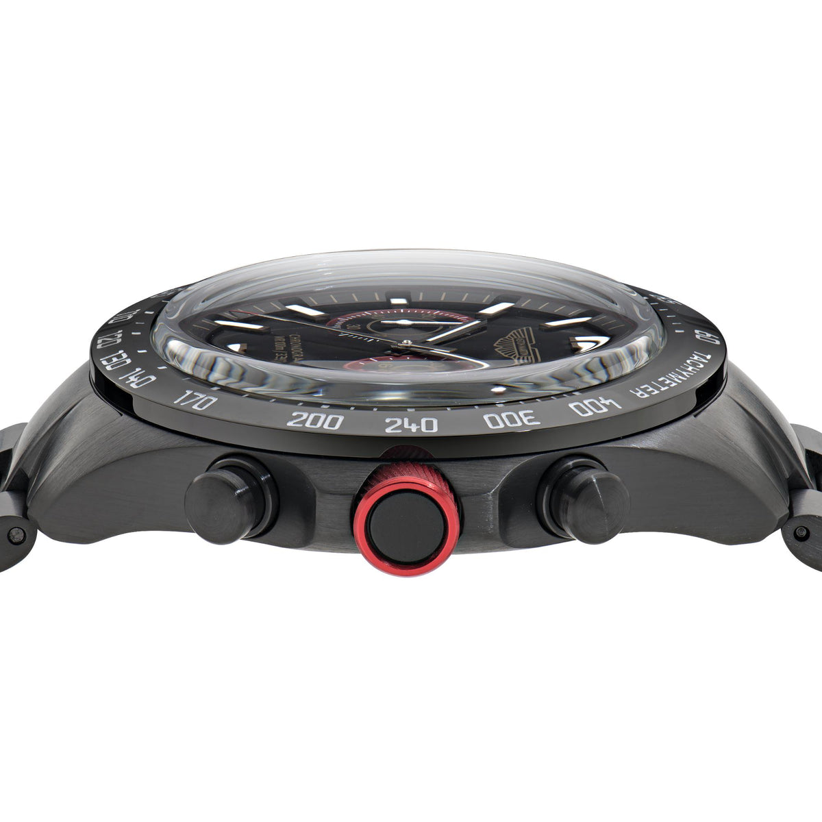 Aston Martin chronograph watch top view with black bezel, red-capped crown, three pushers
