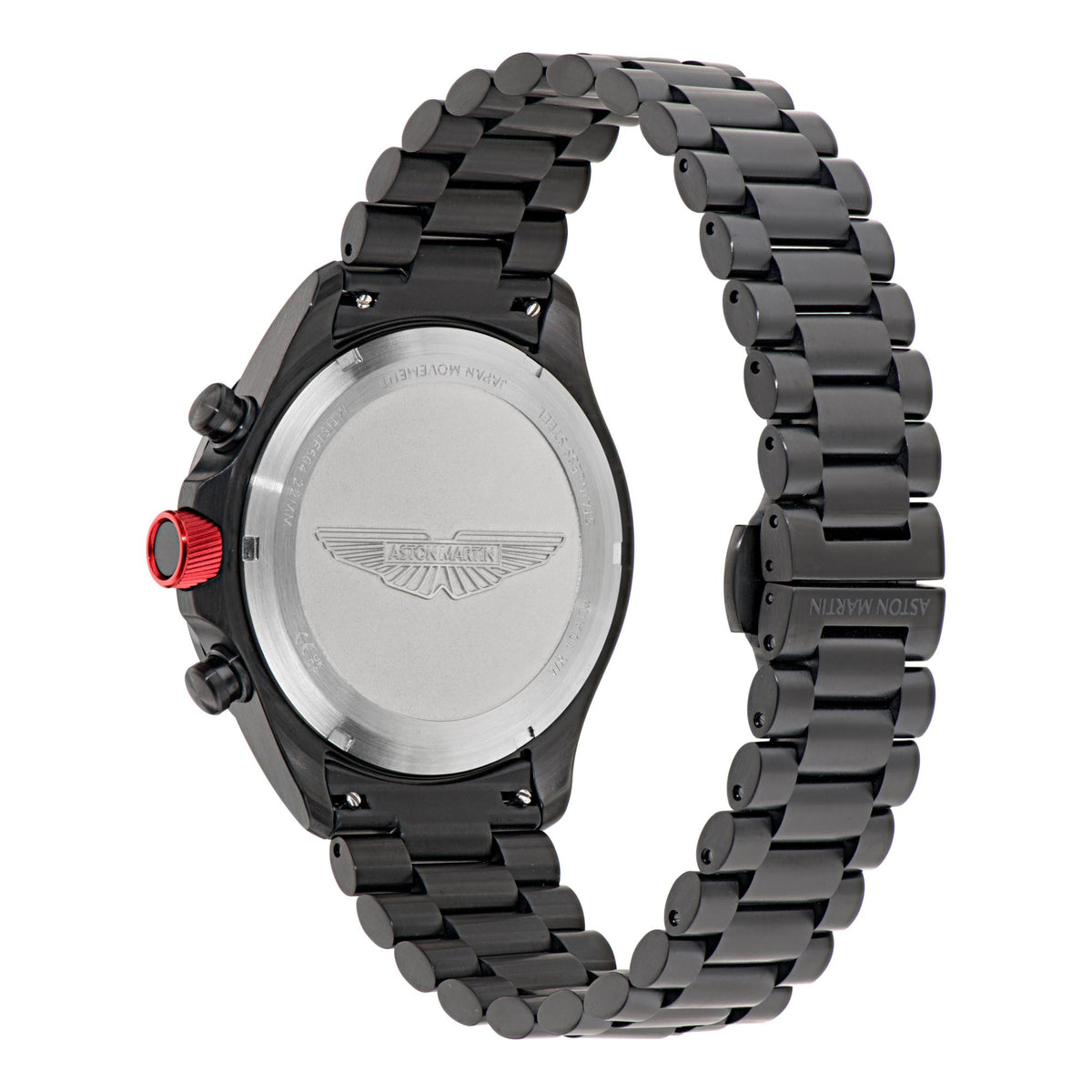 Aston Martin chronograph watch back with black bracelet, round red knob, steel caseback