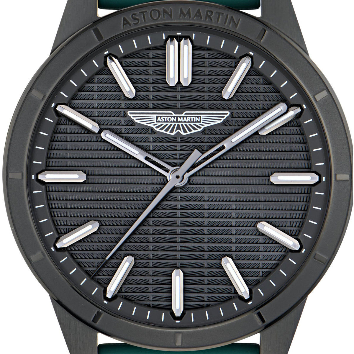 Men's quartz watch with black dial, silver hands, and green silicone strap