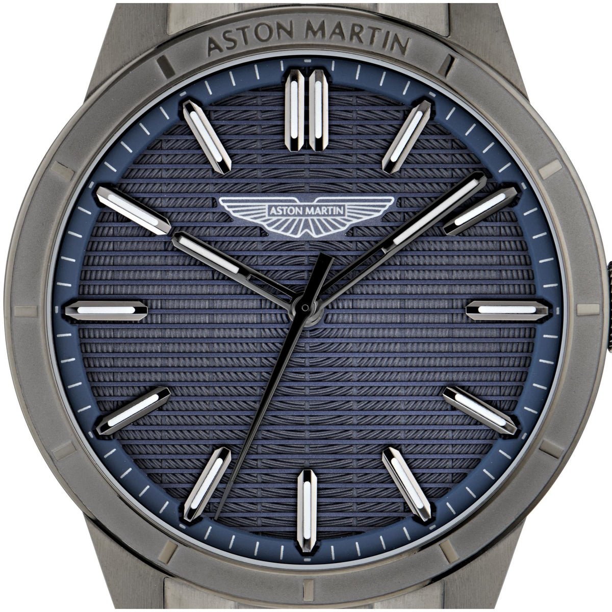 Men's Aston Martin quartz watch with dark blue textured dial and silver hour markers