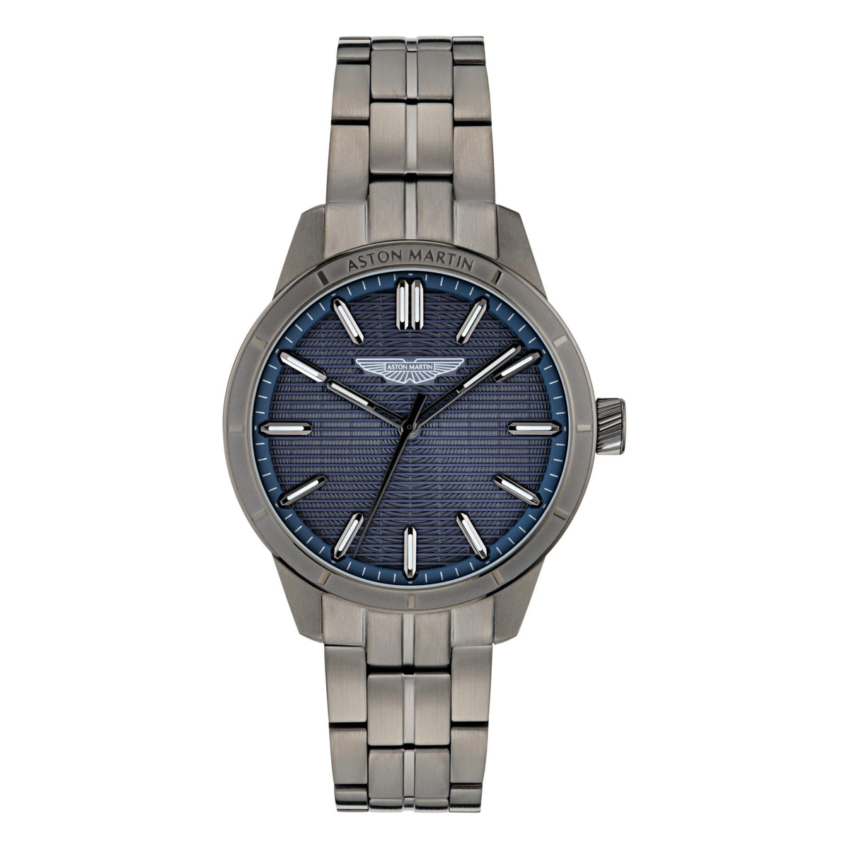Men's stainless steel bracelet watch with dark blue dial, baton hands, and crown