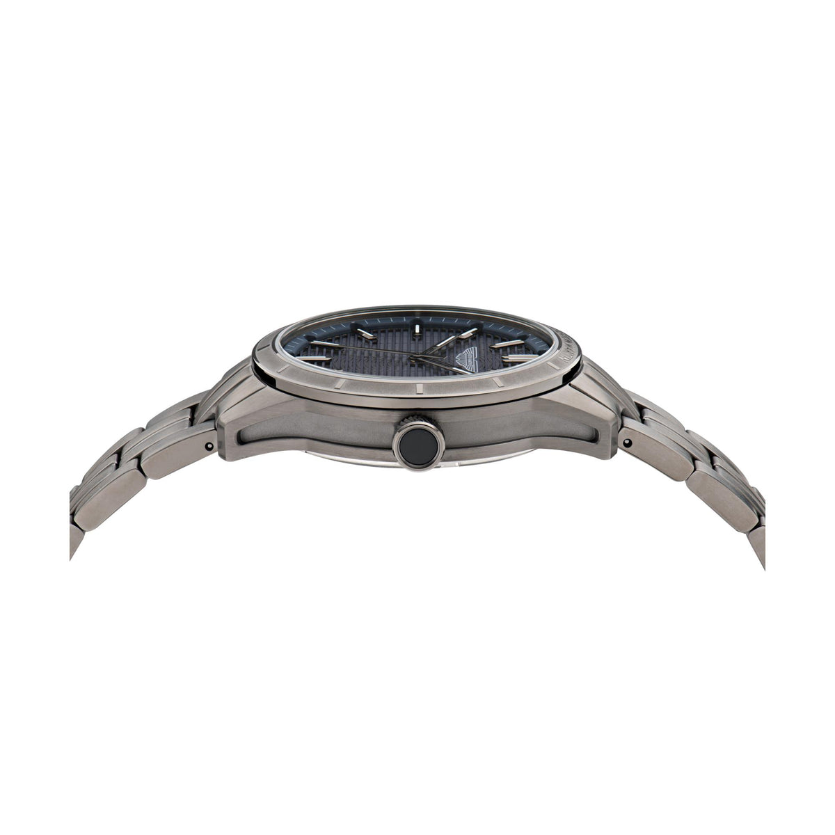 Aston Martin men's watch case side view with textured blue dial and round crown