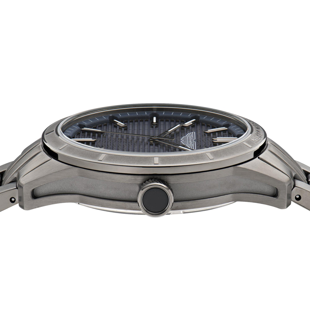 Men's Aston Martin watch angled top view with steel case and dark blue dial