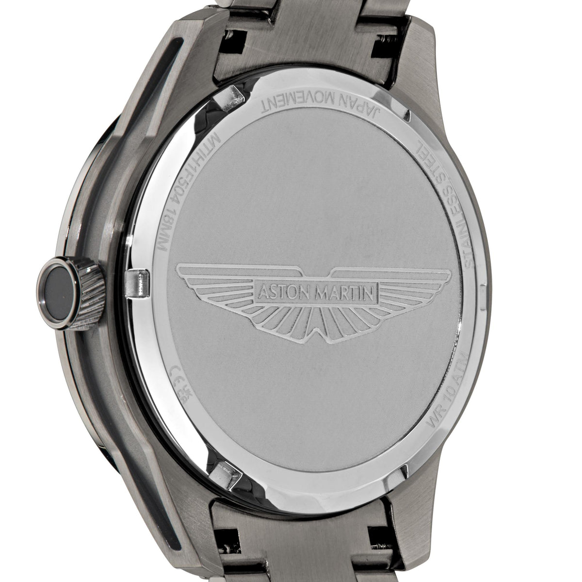 Stainless Aston Martin watch caseback with wing logo engraving and circular bezel