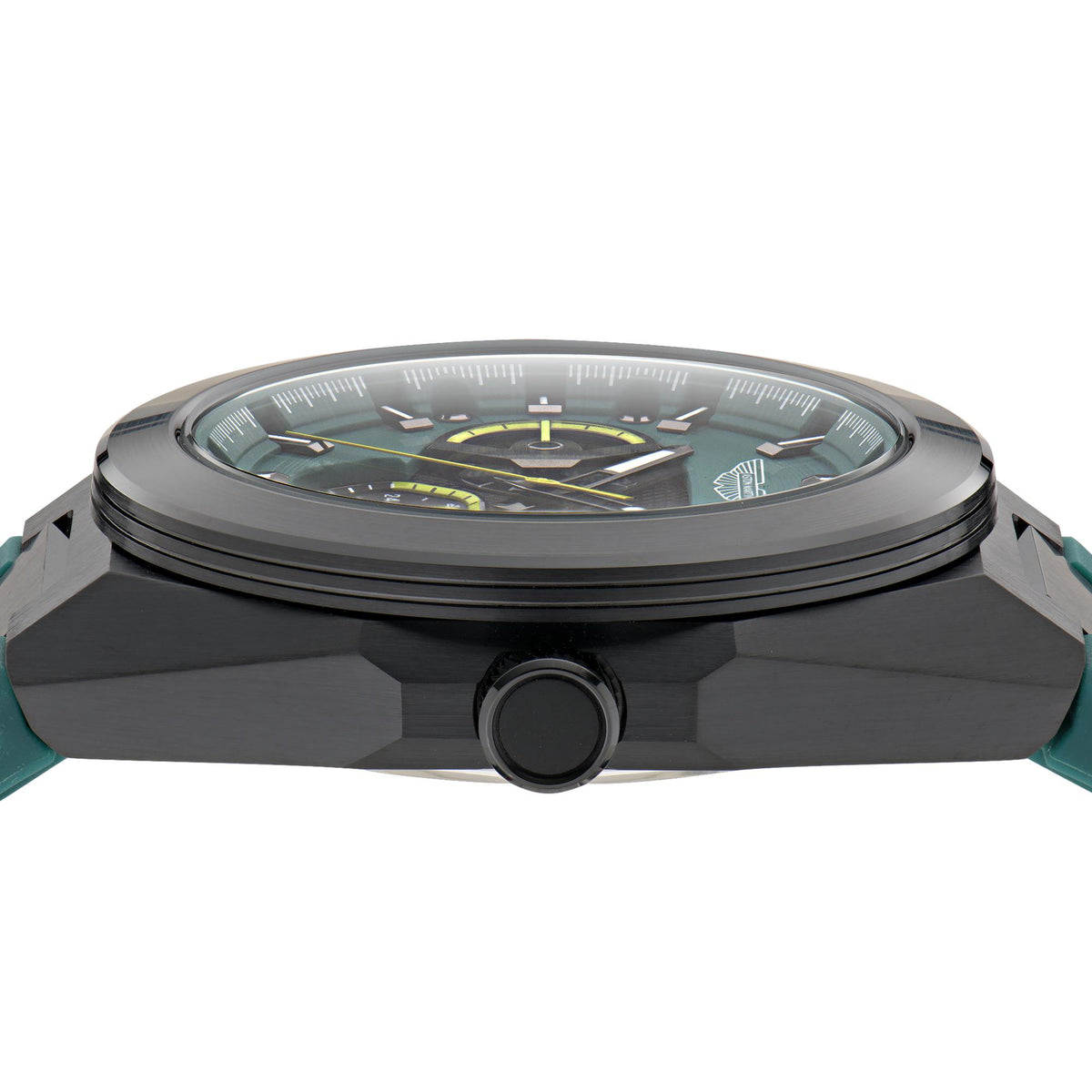 Quartz chronograph watch top view with domed crystal and black bezel; green silicone strap.