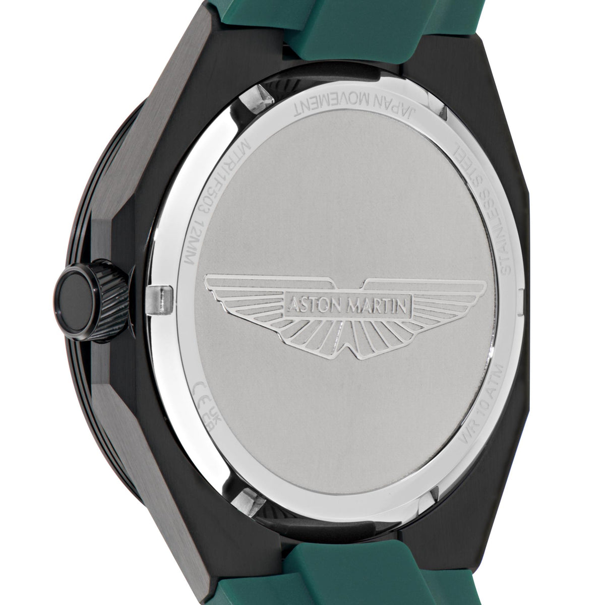 Close-up of stainless back plate with Aston Martin wing logo on green silicone strap watch.