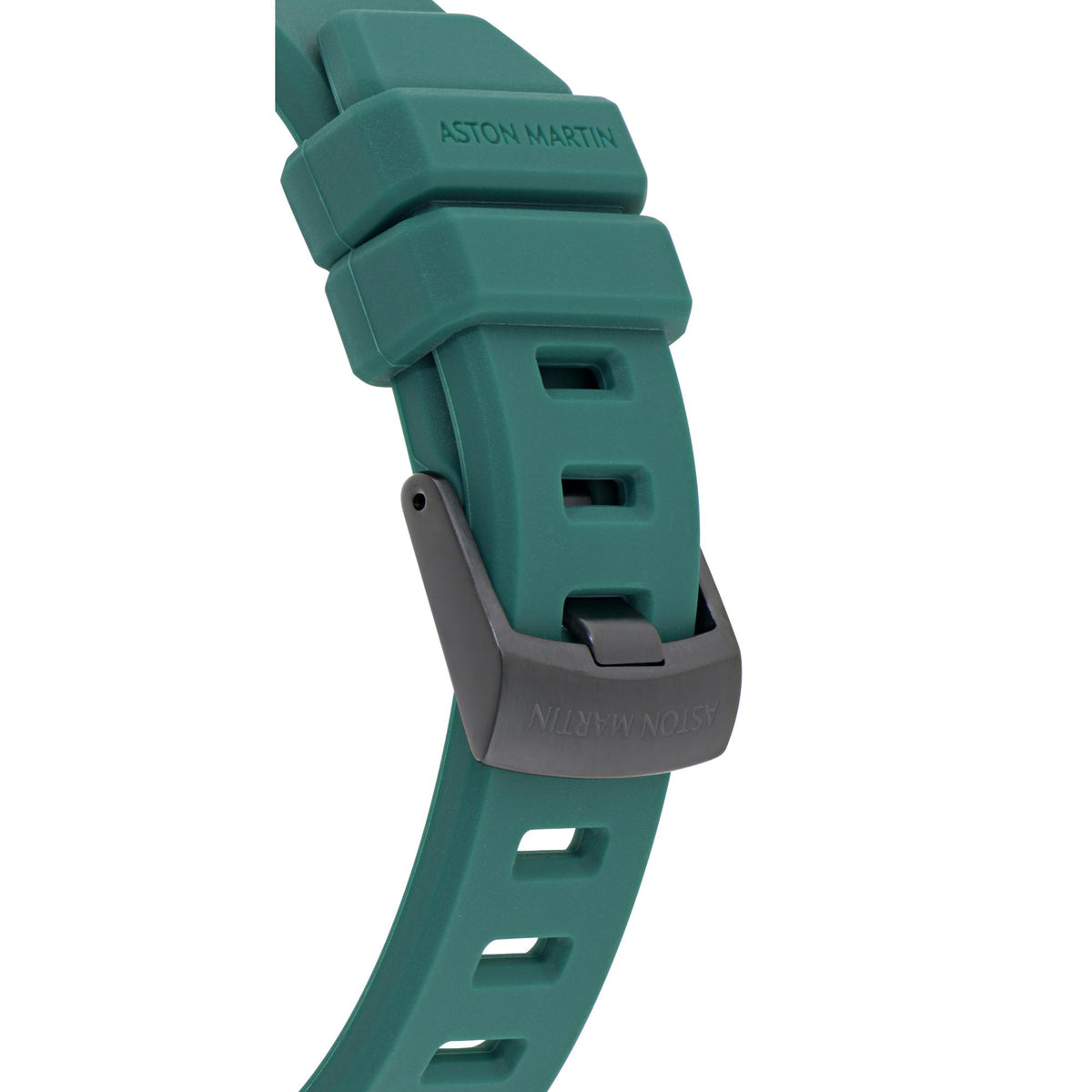 Green silicone watch strap buckle and clasp details on Aston Martin chronograph watch.