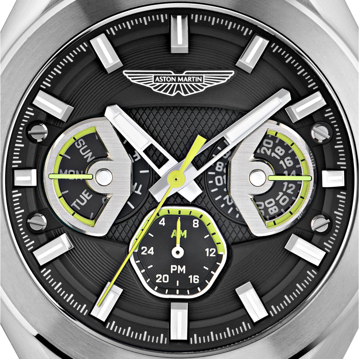 Aston Martin quartz chronograph black dial with green subdials, tachymeter markers, silver hands