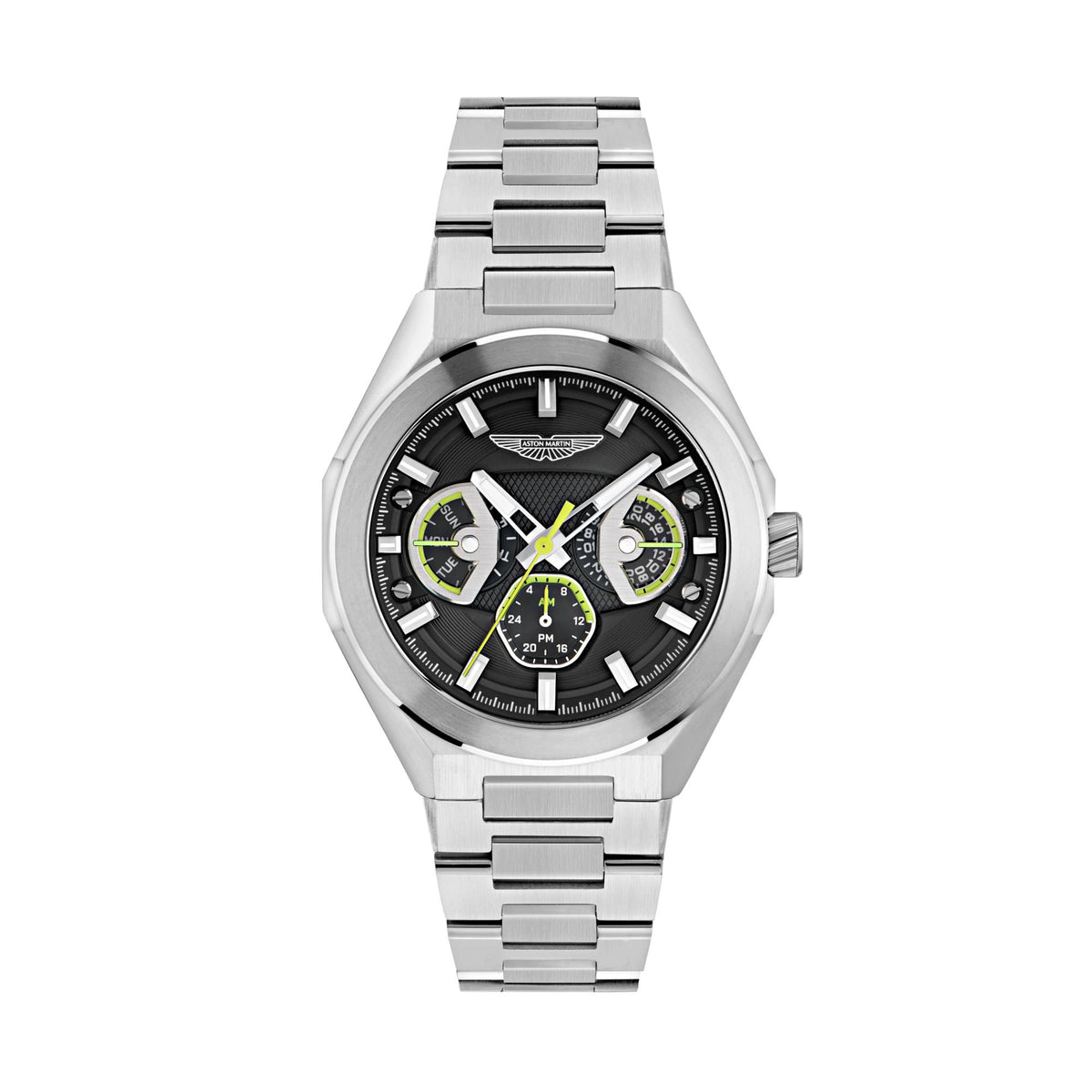 Aston Martin quartz chronograph bracelet watch with black dial, green subdials, silver stainless band