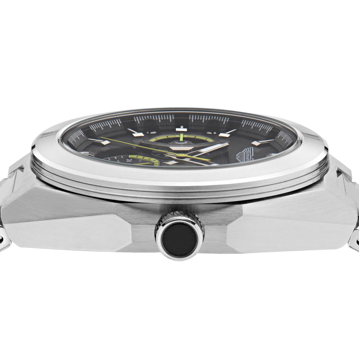 Aston Martin quartz chronograph watch close-up on crown and bezel, black dial details visible