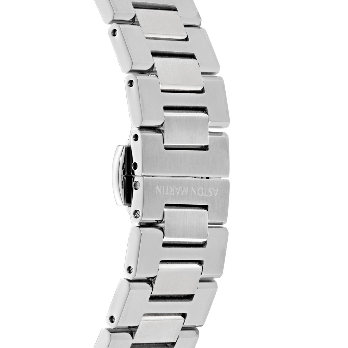Aston Martin quartz chronograph stainless bracelet side close-up with clasp and engravings
