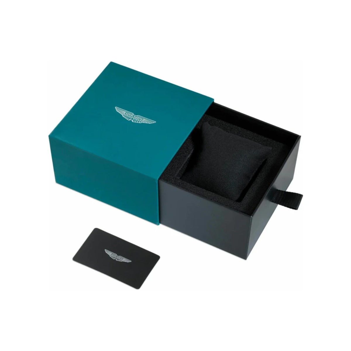 Watch gift box set with teal lid and black insert, includes black card with wing logo
