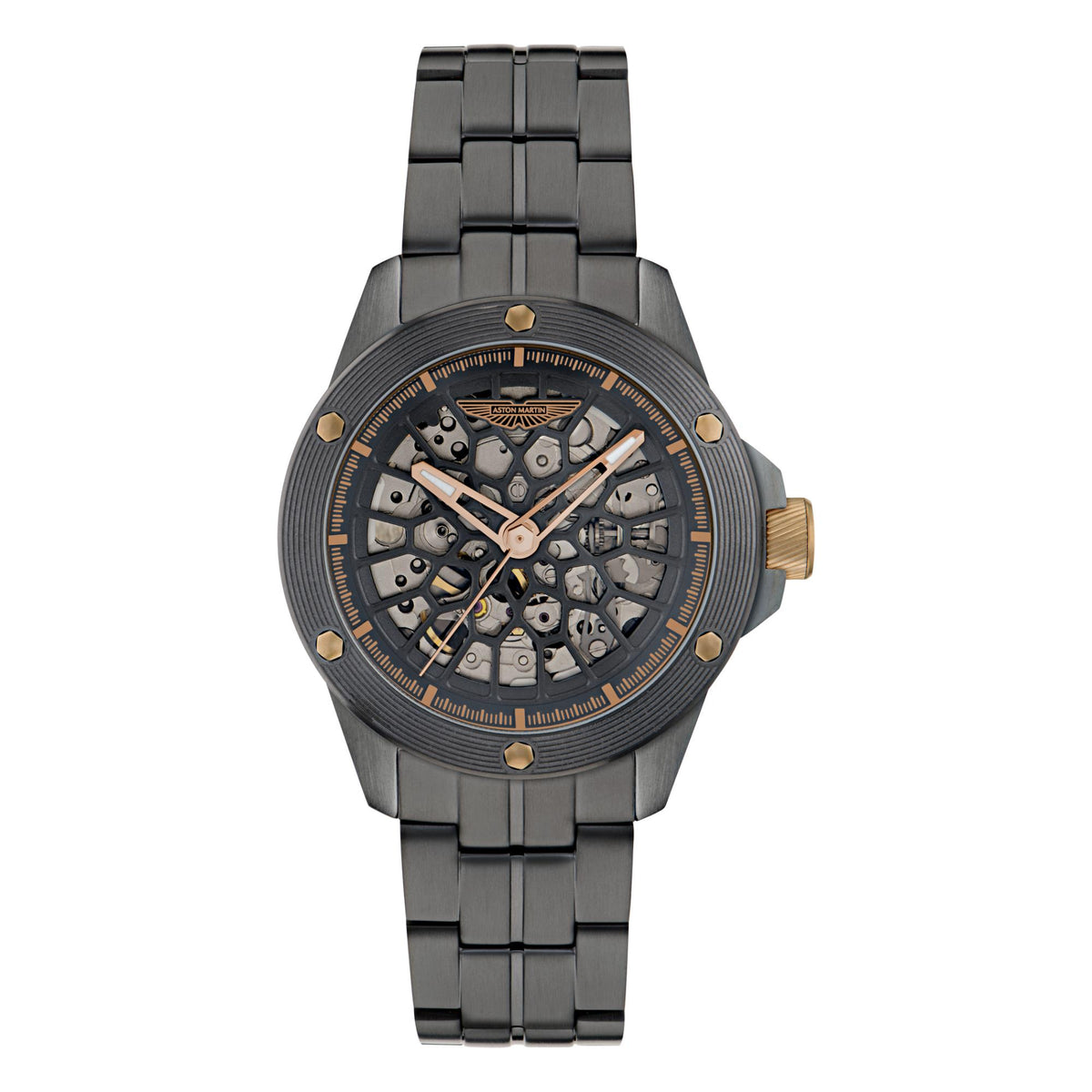 Men's black automatic skeleton watch with metal bracelet, gold hour markers, Aston Martin dial