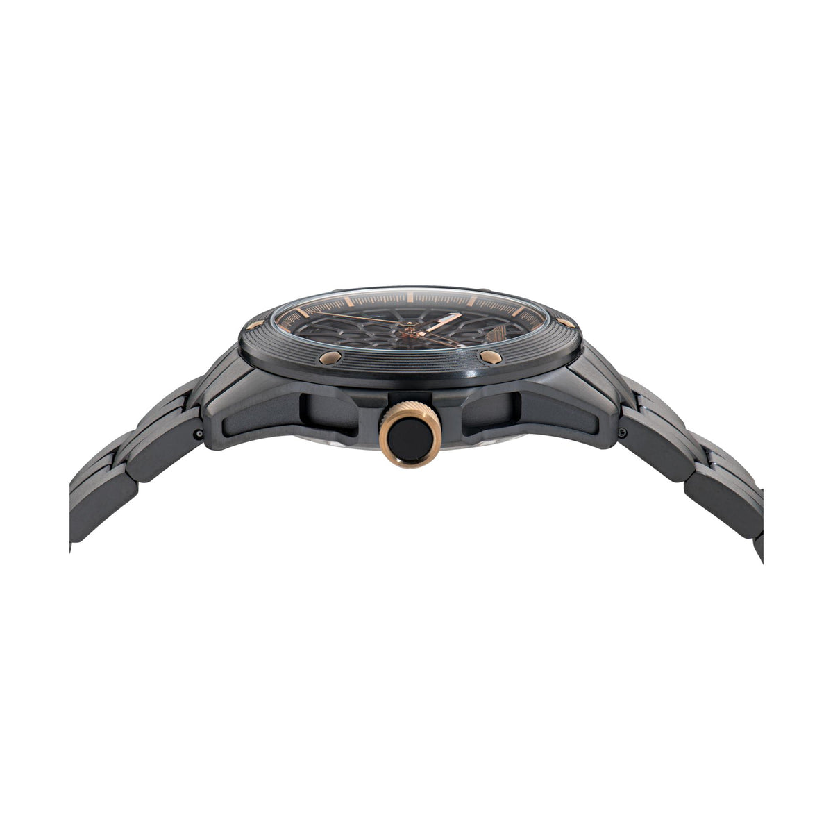 Men's black automatic watch case with gold-toned crown and dark metal strap