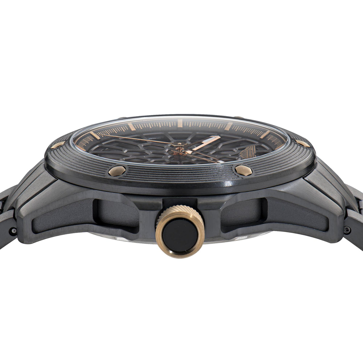 Men's black automatic skeleton watch with gold-toned crown and detailed bezel