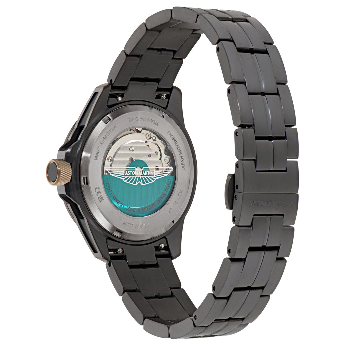 Men's black watch with bracelet and see-through caseback showing teal Aston Martin emblem