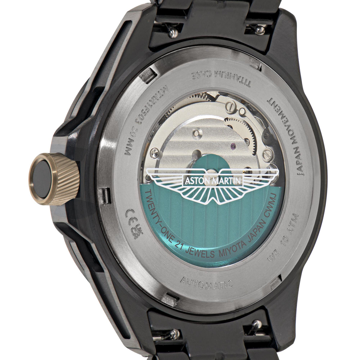Men's watch caseback with silver movement and teal Aston Martin logo