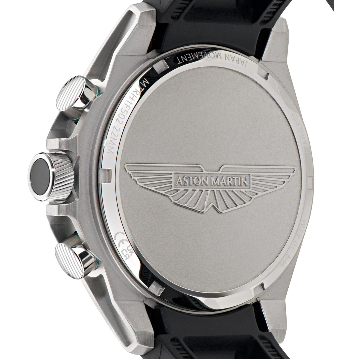 Aston Martin men's watch case back with wing logo, black silicone strap, silver finish