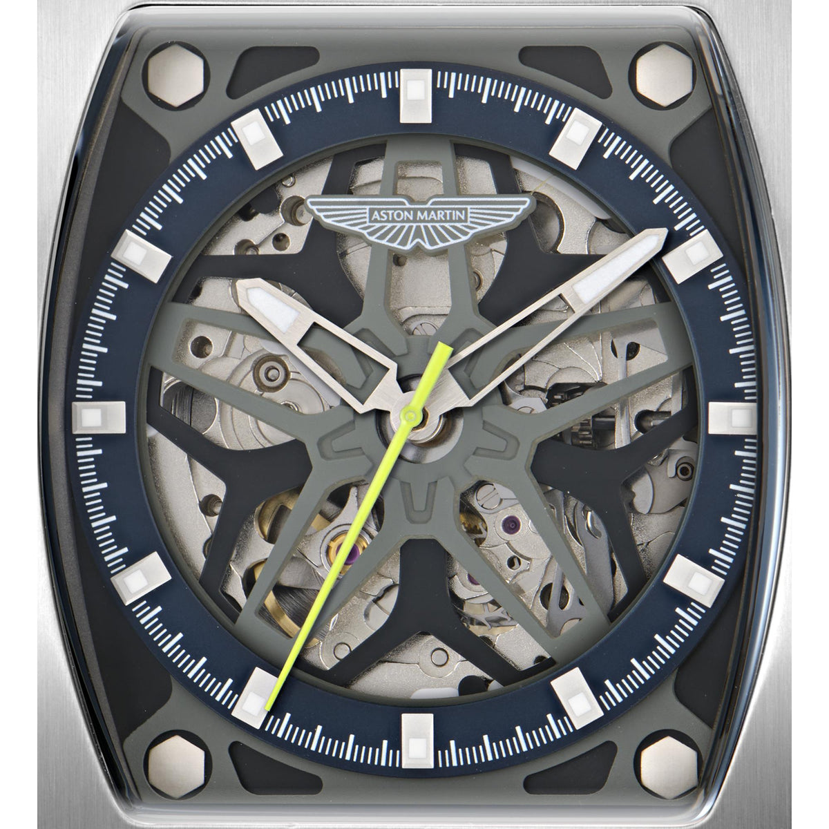 Men's automatic watch face with blue dial and exposed skeleton-style movement